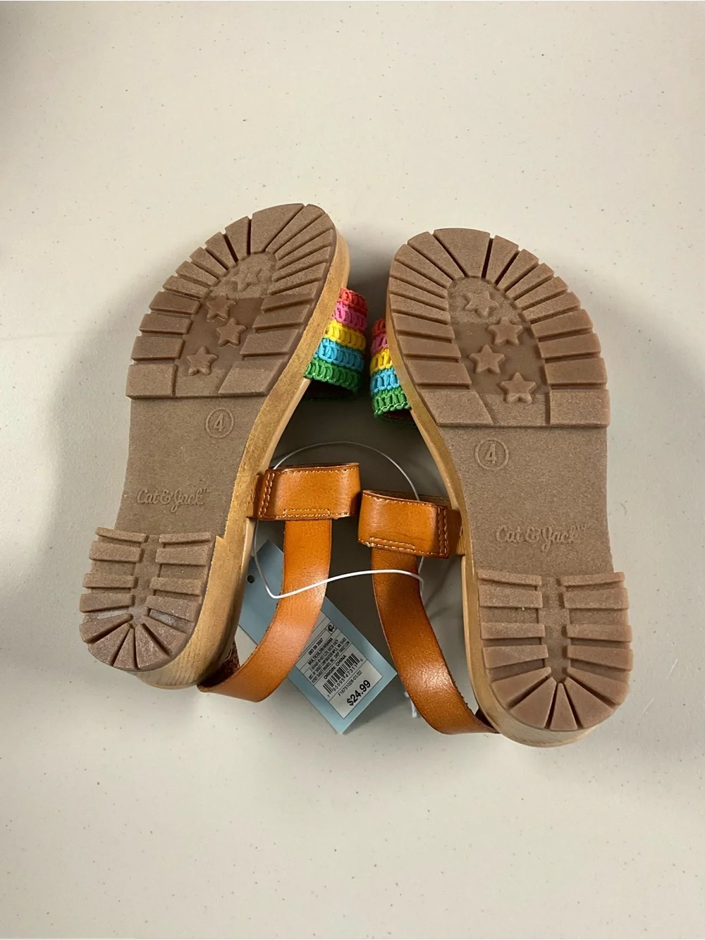Cat & Jack Tan Sandals with Multicolor Rainbow Straps